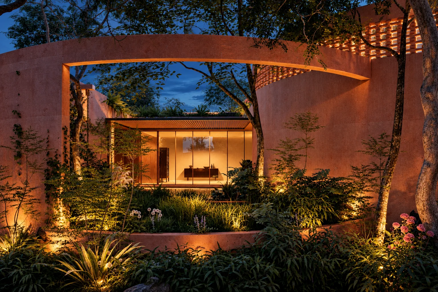 Courtyard garden at dusk